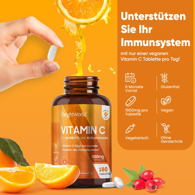 Vitamin C 1000Mg Tablets - 180 Tablets For 6 Months - Vit C From Vegetable Fermentation - With Bioflavonoids & Rosehip - Vitamin C (Ascorbic Acid) Complex - For Immune System, Stomach Friendly - NewNest Australia