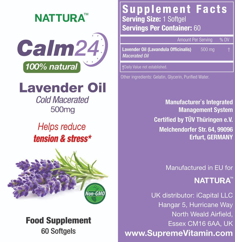 Calm Aid Lavender Oil Pills - 500mg -60 Softgels - 100% Natural, Helps Reduce Tension & Stress, Calming Supplement For Body & Mind, Sleep Aid, Anxiety Relief, Cold Macerated, Non-GMO, Certified Kosher - NewNest Australia