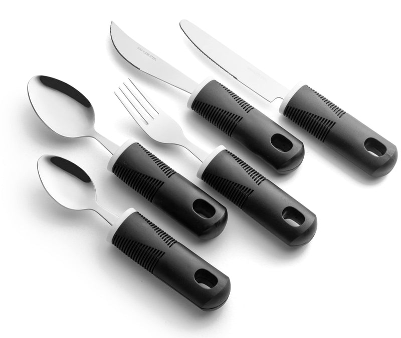 Special Supplies Adaptive Utensils (5-Piece Kitchen Set) Wide, Non-Weighted, Non-Slip Handles for Hand Tremors, Arthritis, Parkinson’s or Elderly use - Stainless Steel Knives, Fork, Spoons - Black - NewNest Australia