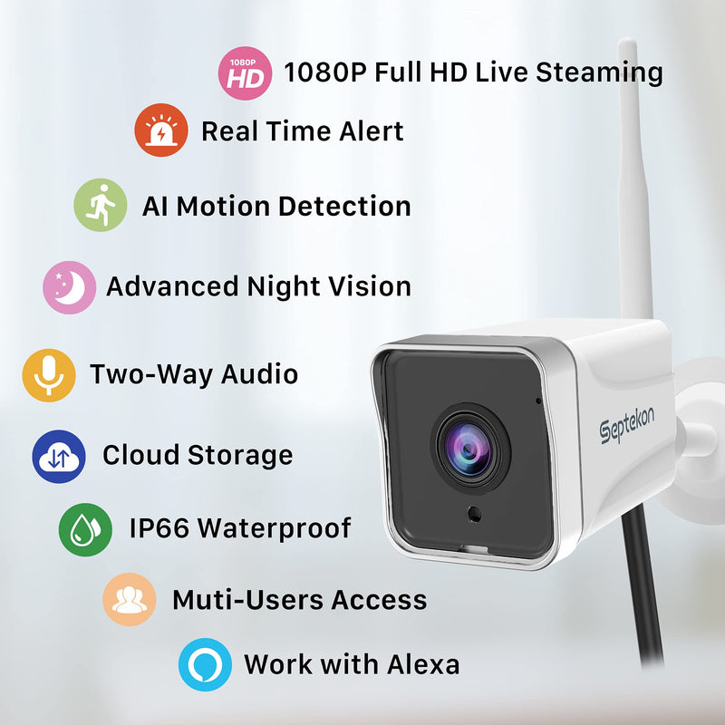 [2021 Upgraded] Security Camera Outdoor, Septekon 1080P WiFi Home Surveillance Camera, IP66 Waterproof FHD Night Vision Cameras with Motion Detection, 2-Way Audio, Cloud Storage, Work with Alexa - S50 1 Pack - NewNest Australia