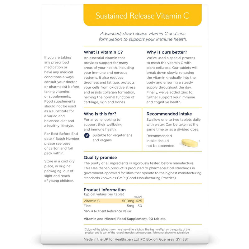 Healthspan Vitamin C Sustained Release 500mg (3 Months' Supply) | to Support Your Immune and Nervous Systems | Added zinc to Support Cognitive Function | Vegan - NewNest Australia