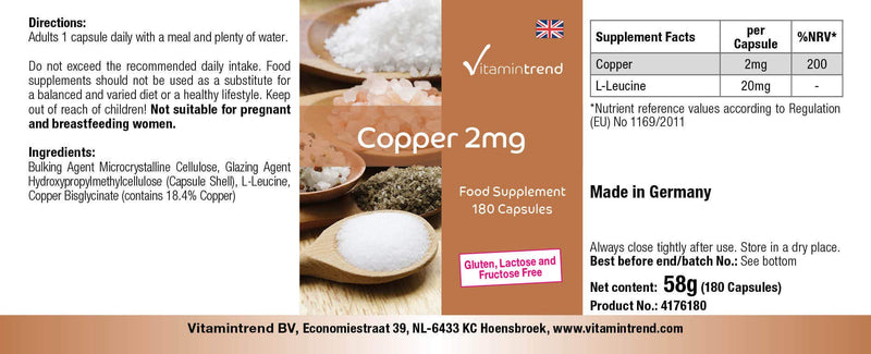 Copper capsules - 2mg - high dosage - vegan - 180 capsules - for hair pigmentation | Vitamintrend® - NewNest Australia