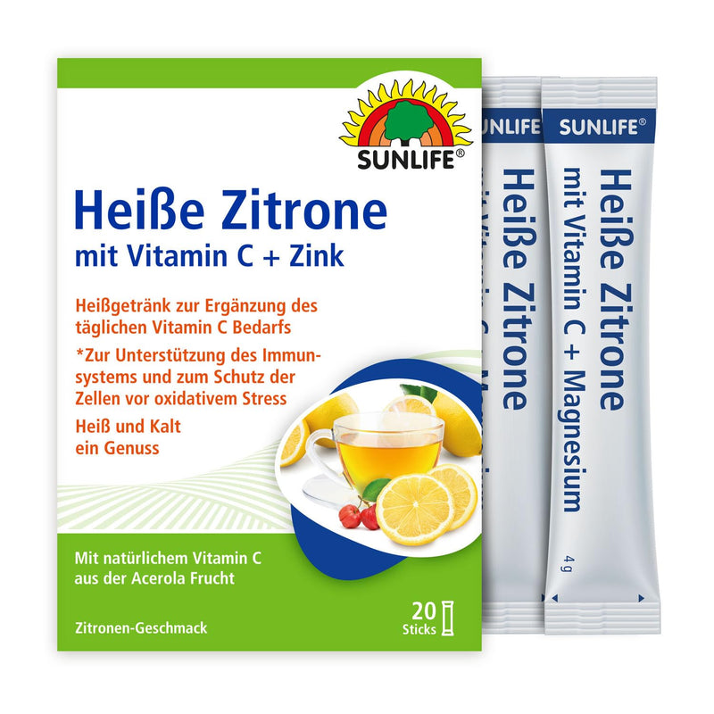 SUNLIFE Hot Lemon with Vitamin C & Zinc - 1x20 Powder Sticks - Dietary Supplement to Support the Immune System - Per Daily Dose 160 mg Vitamin C & 5 mg Zinc - Lemon Hot Drink 20 Servings (Pack of 20) - NewNest Australia
