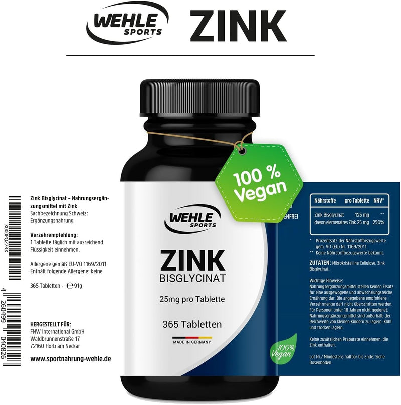Wehle Zinc Tablets 365 high dosage (25mg per tablet) Multiple price-performance winner 2020* - Premium Zinc Bisglycinate - Laboratory tested, vegan, made in Germany - NewNest Australia