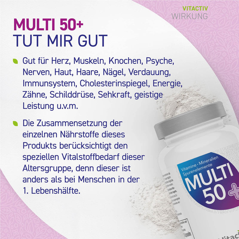 Vitactiv Multi 50 Plus Multivitamin Complex For People From 50 - Vitamins, Minerals, Trace Elements - Vitamin B, C, E, K, D, Magnesium, Calcium, Zinc - High Dosage, Hormone-Free, No Iodine - 60 Capsules - NewNest Australia