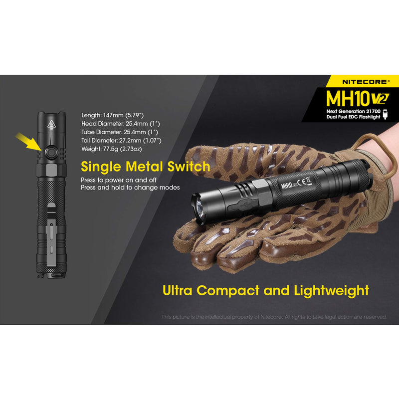 Nitecore MH10 v2 1200 Lumen USB-C Rechargeable EDC Flashlight with Battery, Hard Holster and LumenTac Battery Case - NewNest Australia