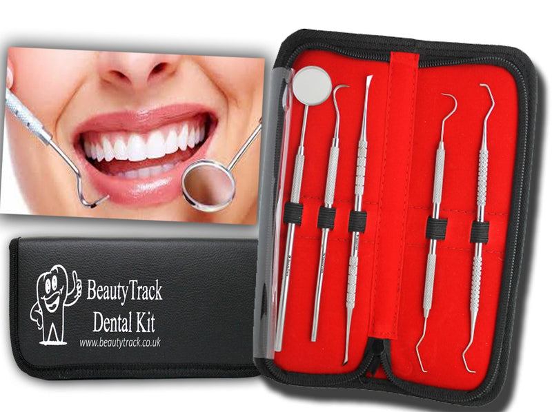 BeautyTrack 5pc Dental Care Kit with Instruction Booklet,Top Class Stainless Steel Plaque and Tartar Remover Set for Teeth Cleaning Contains,Eraser,Scraper,Mirror,Probe,Picks Storage Travel Gift Case - NewNest Australia