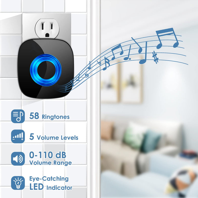 Wireless Doorbell, PHYSEN Waterproof Door bell Chimes for Home Operating at over 1300-ft Range 58 Adjustable Melodies 5 Volume Levels Door Alarm kit with LED Strobe (1 Button +1 Receiver) 1 Button + 1 Receiver - NewNest Australia