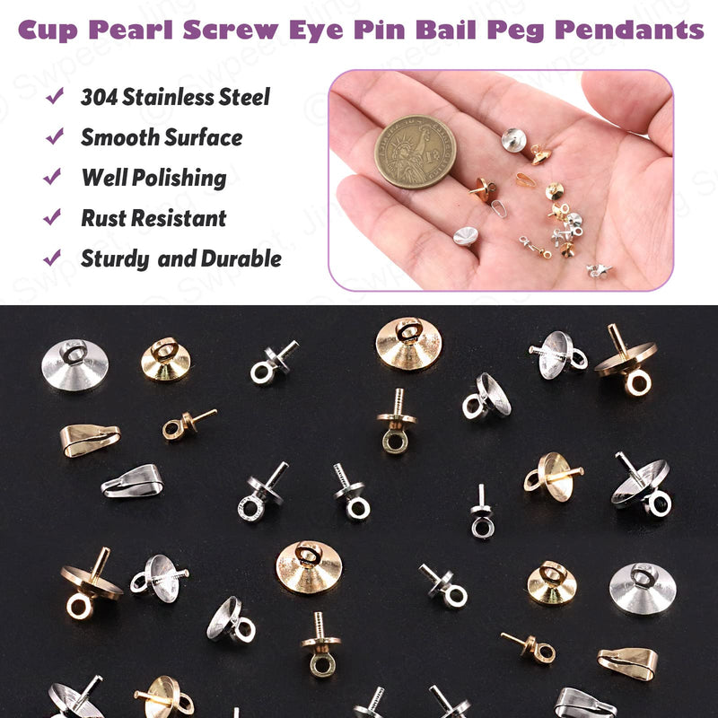 Swpeet 680Pcs Gold and Sliver 3mm 4mm 5mm 6mm 8mm Cup Pearl Screw Eye Pin Bail Peg Pendants with 7mm Pendant Charm Clasps Connector Kit, Perfect for Half-drilled Beads Jewelry Making - NewNest Australia