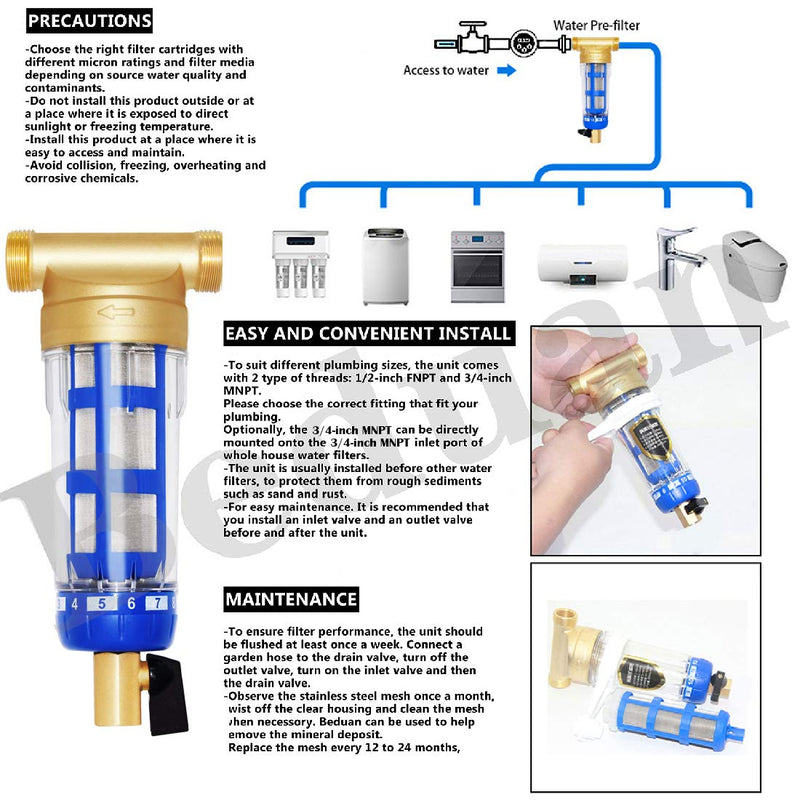 Beduan Whole House Spin Down Sediment Water Filter 50 Micron Reusable Pre Filter System Protector, 3/4" MNPT, 1/2" FNPT, 1/4" Female 3/4" MNPT x 1/2" FNPT - NewNest Australia