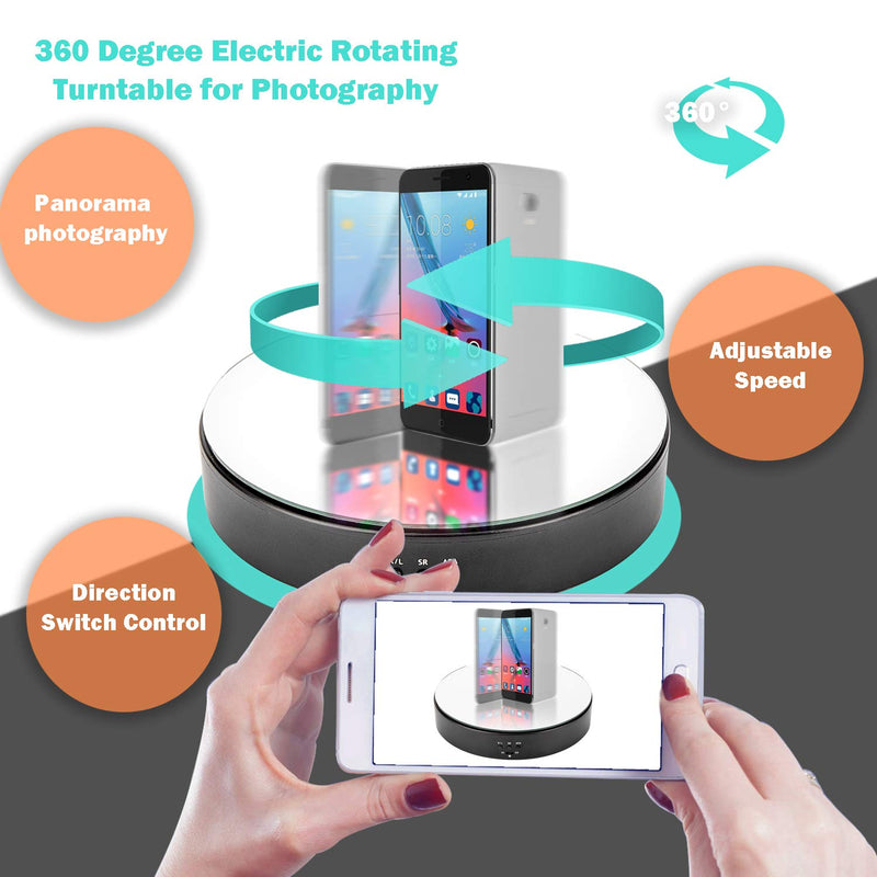 NewNest Australia - Leadleds Motorized Rotating Display Stand Turn Table, 7.7" Black Mirror Rotation Speed and Angle Adjustable for Photography, Video, Product Display 