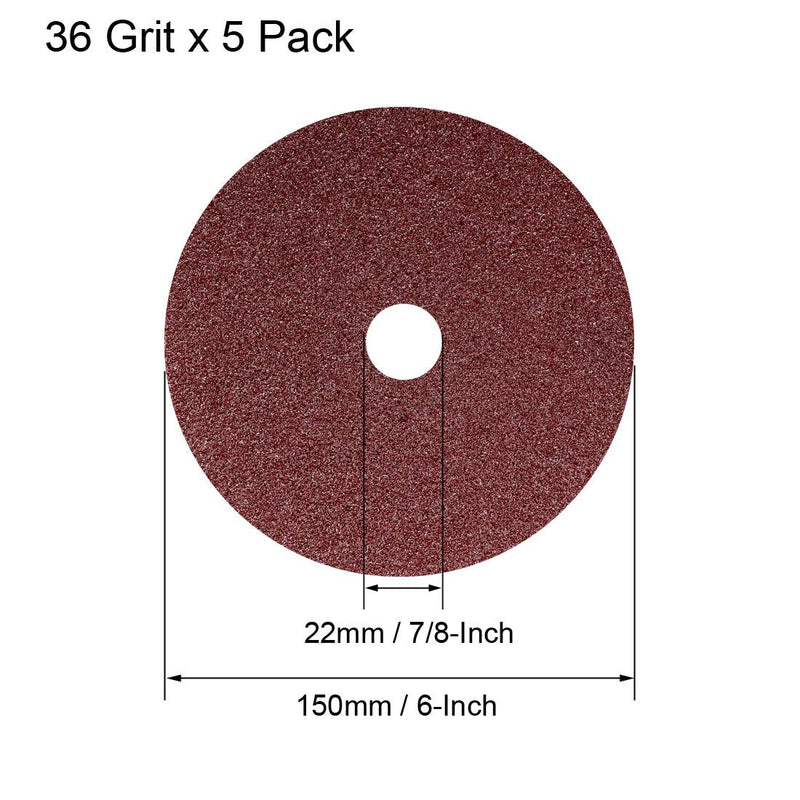 uxcell 6-Inch x 7/8-Inch Aluminum Oxide Resin Fiber Discs, Center Hole 36 Grit Sanding Grinding Discs, 5 Pack - NewNest Australia