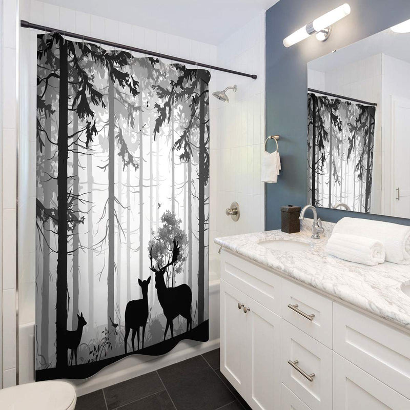 LIGHTINHOME Deer Elk Shower Curtain 60Wx72L Inch Country Moose Silhouette of Pine Forest Birds Black and White Fabric Waterproof Bathroom Home Decor 12 Plastic Hooks - NewNest Australia