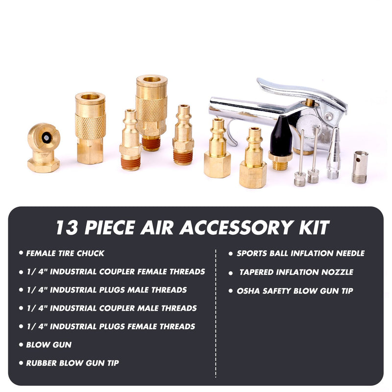 WYNNsky 1/4" NPT Air Blow Gun and Brass Air Accessory Kit, Air Compressor Connect Coupler/Plug - 13 Piece Air Tools Kit - NewNest Australia