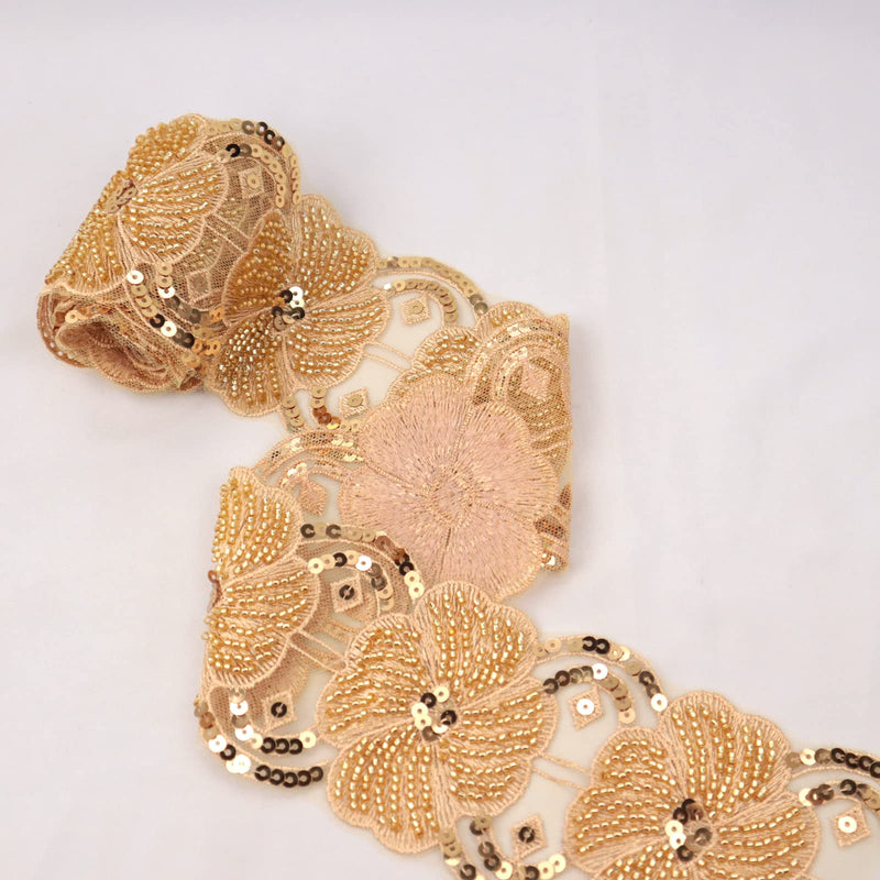 Beaded Lace Trim Gold Lace Ribbon Applique Sequin Lace Mesh Trim Floral Craft Sewing Supplies, Clothing Decorating Gold 1.5 yards - NewNest Australia