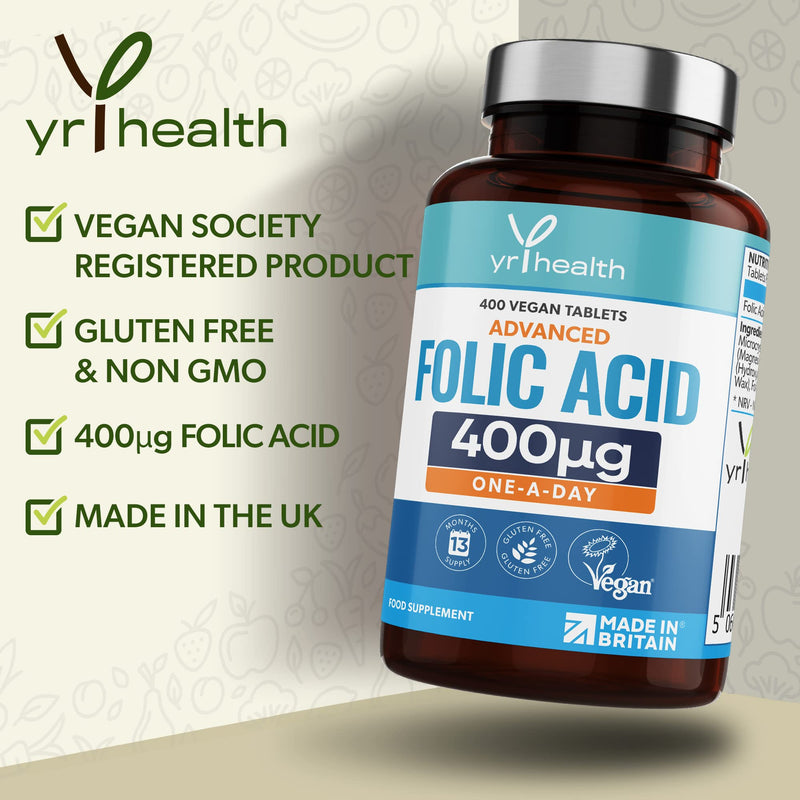 Folic Acid 400 mcg Tablets - 400 Vegan Vitamin B9 Tablets for Women, 13 Month Supply, Folic Acid Pregnancy for Normal Function of Immune System and Maternal Tissue Growth - Made in The UK by YrHealth - NewNest Australia