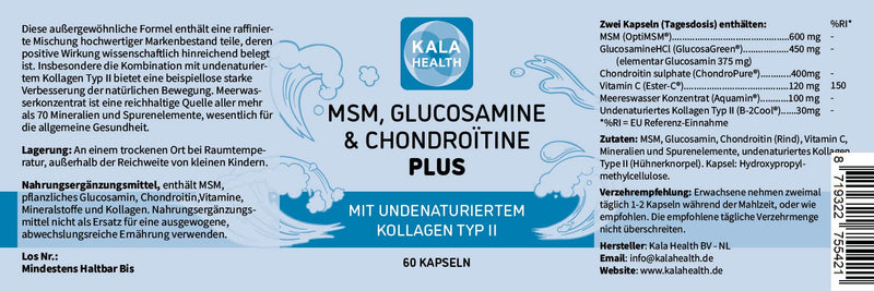Kala Health Glucosamine & Chondroitin + Opti Msm High Dosage Unique 100% Vegan Formula With Five High-Quality Branded Ingredients - Unique Combination Of Ingredients For Joints - NewNest Australia