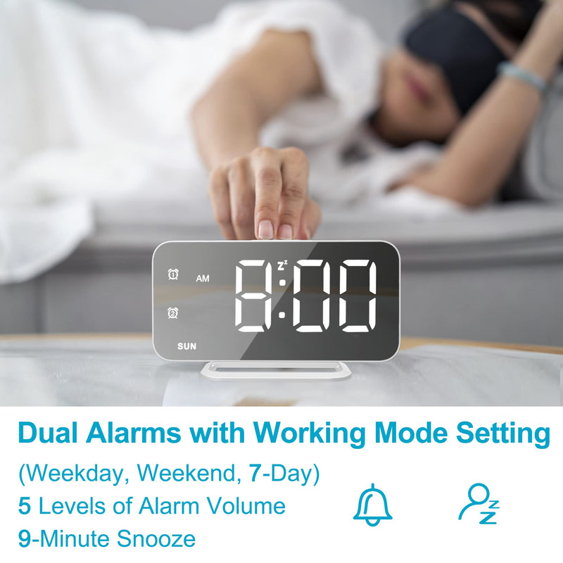 Super Slim LED Digital Alarm Clock, Mirror Surface for Makeup, with Diming Mode, 4 Levels Brightness, Large Display, Easy Setting, Dual USB Ports, Modern Decoration for Home, Bedroom Decor(White) White - NewNest Australia