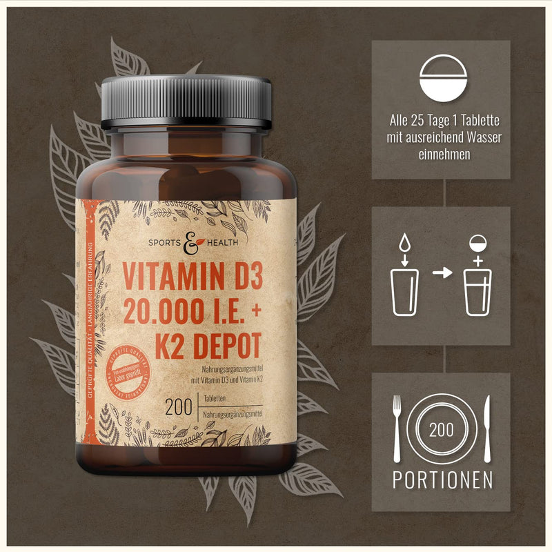 Vitamin D3 K2 tablets - 200 tablets - vitamin D high dose 20,000 IU + 200µg vitamin K2-Mk7 - D3 K2 depot - premium quality - vegetarian - laboratory tested - NewNest Australia