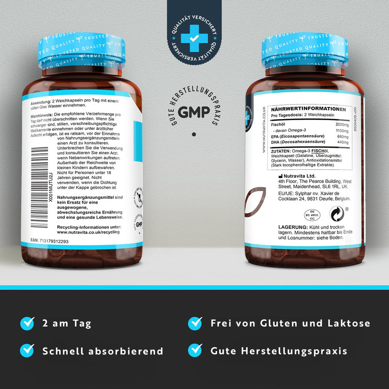 Omega 3 2000 mg - pure fish oil from SUSTAINABLE fishing - HIGH DOSE with 660 mg EPA & 440 mg DHA per serving - 240 high-dose capsules - tested/certified in Germany - NewNest Australia
