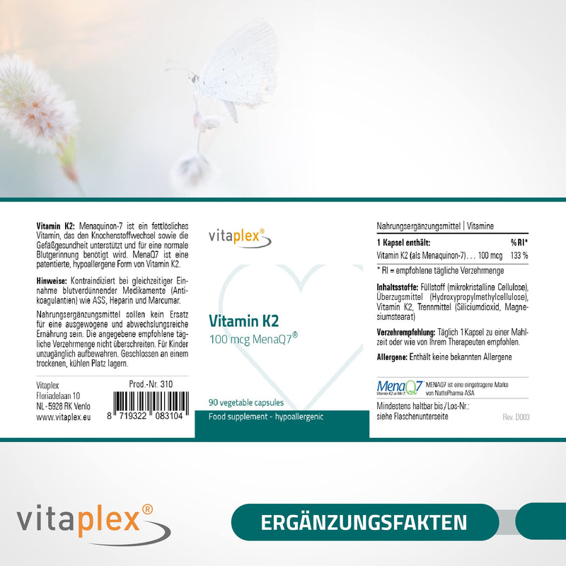 Vitaplex vitamin K2 capsules high dose MK-7 (100 mcg, 90 tablets) - natural vitamin K2 D3 therapy - fat-soluble MK 7 vitamin K2 - NewNest Australia