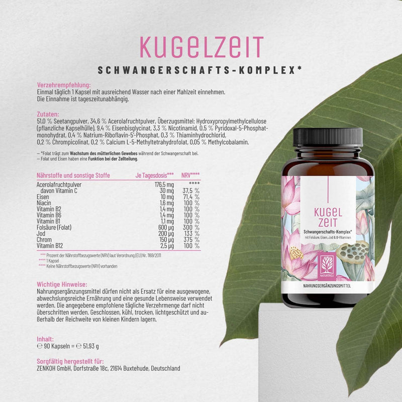 Pregnancy vitamins - complex for all trimesters with folic acid as folate, chromium, iron, iodine & 7 vegan vitamins - support during pregnancy - Kugelzeit from Naturtreu® - NewNest Australia