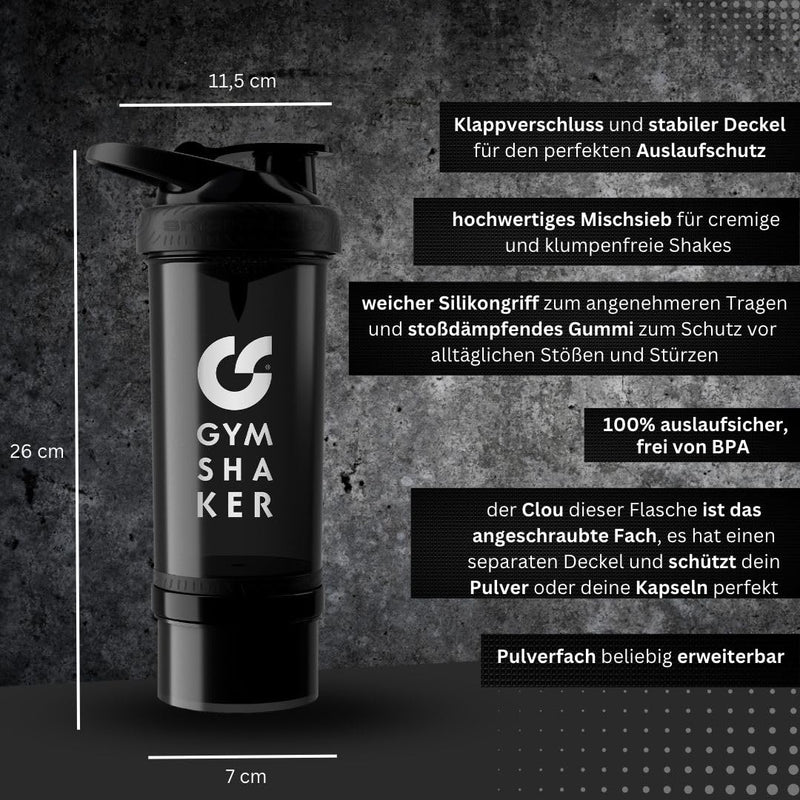 Gym Shaker with Powder Compartment 600 + 150 ml - Premium Protein Shaker with Honeycomb Structure Strainer for Creamy Shakes - Leak-proof & BPA Free - Black - NewNest Australia