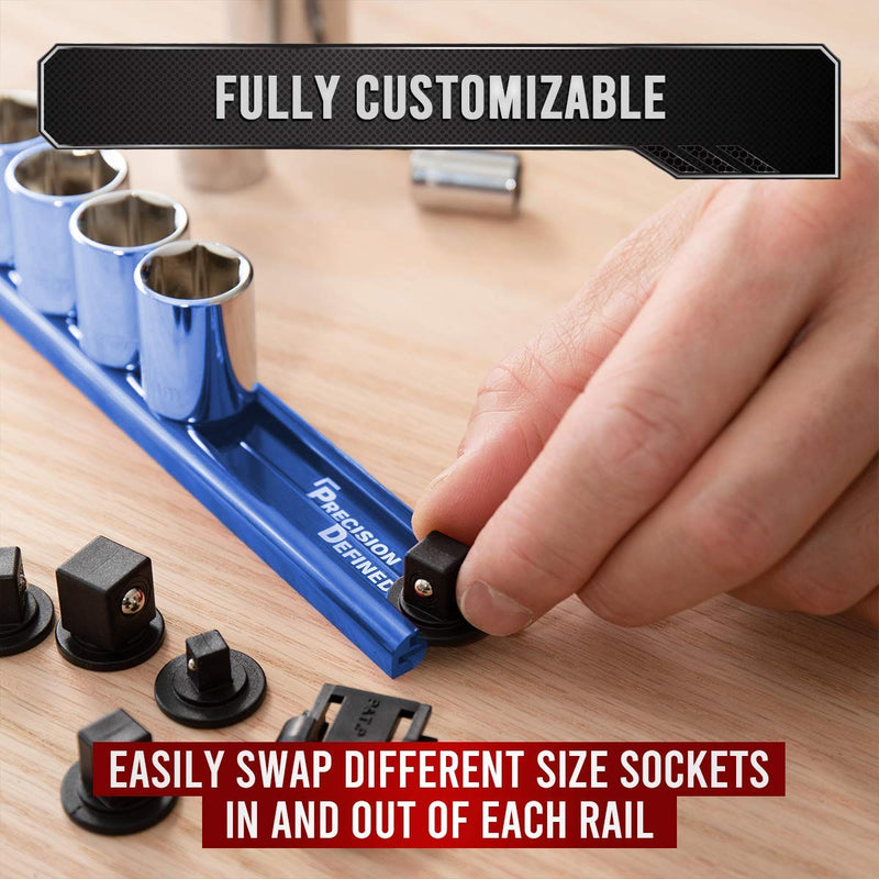 Precision Defined Aluminum Tool Socket Holder 3-Piece Set | Blue, Heavy Duty 1/4-Inch x 16 Clips, 3/8-Inch x 16 Clips, 1/2-Inch x 14 Clips | 360 Rotation 1/2-Inch, 3/8-Inch & 1/4-Inch Drive - NewNest Australia