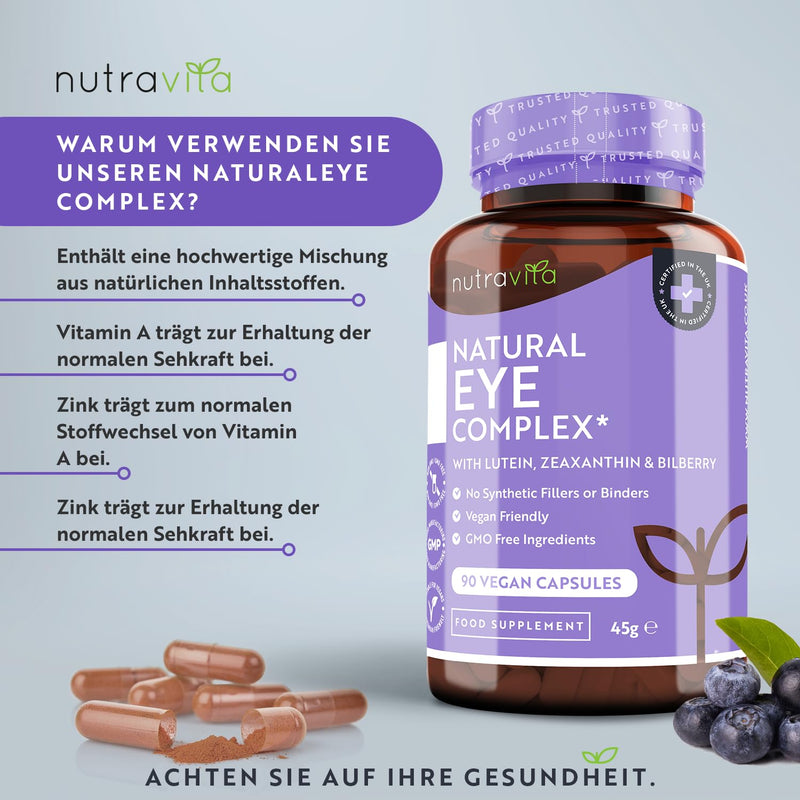Natural Eye Capsules - High Dose With 20 Mg Lutein, 2.5 Mg Zeaxanthin, Blueberry Extract, Vitamin A, B12 & Zinc - 90 Vegan Capsules - No Unwanted Additives - 3 Month Supply - NewNest Australia
