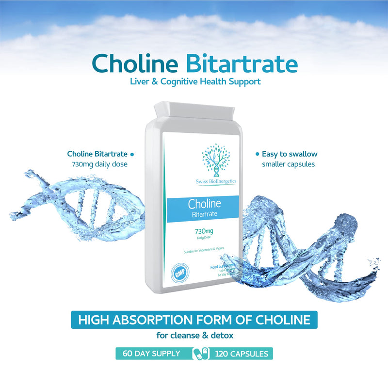 Choline Bitartrate 730mg Daily dose , 120 Choline Vegan Capsules - contributing to Normal Liver Function – No GMO’s , Dairy & Gluten Free - Manufactured in The UK to GMP Code of Practice - NewNest Australia