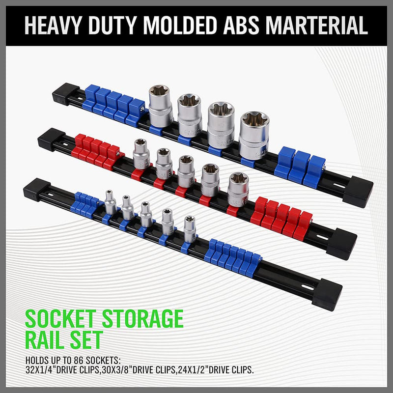 SWANLAKE ABS Socket Organizer Drive Socket Holder, 6PCS 1/4-Inch x 32 Clips, 3/8-Inch x 30 Clips, 1/2-Inch x 24 Clips, Premium Quality Socket Clip Rail Holder - NewNest Australia