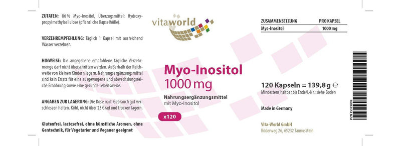 Vita World Myo-Inositol 1000 mg HIGH DOSE 120 capsules Pharmacist-made Vegan - NewNest Australia
