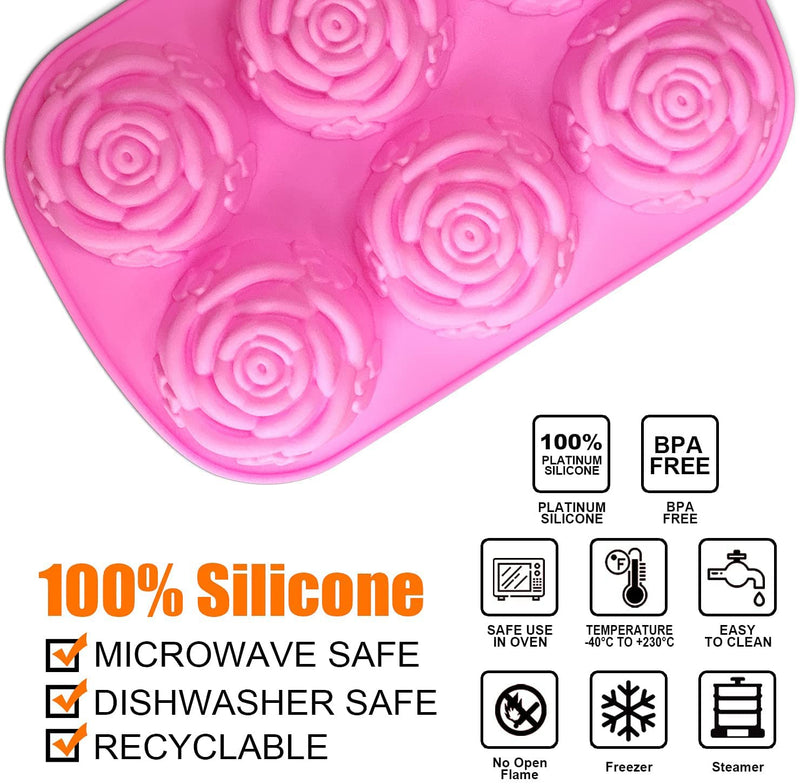 Walfos Silicone Rose Mold - 2 Pcs Large Rose Flower Soap Mold, Food Grade Silicone and BPA Free, Perfect for Soap, Mousse, Cake, Jelly, Chocolate, Dishwasher Safe 2 Pcs, Pink Flower Shape - NewNest Australia