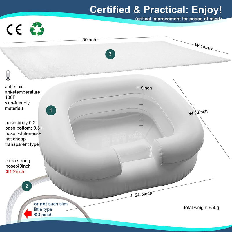 Large Inflatable Shampoo Basin Portable Hair Washing Bowl with Head Pillow and Towel for Elderly, Bedridden, Disabled, Handicapped and Injured in Travel, Hospital or at Home, Pure White New Set - NewNest Australia