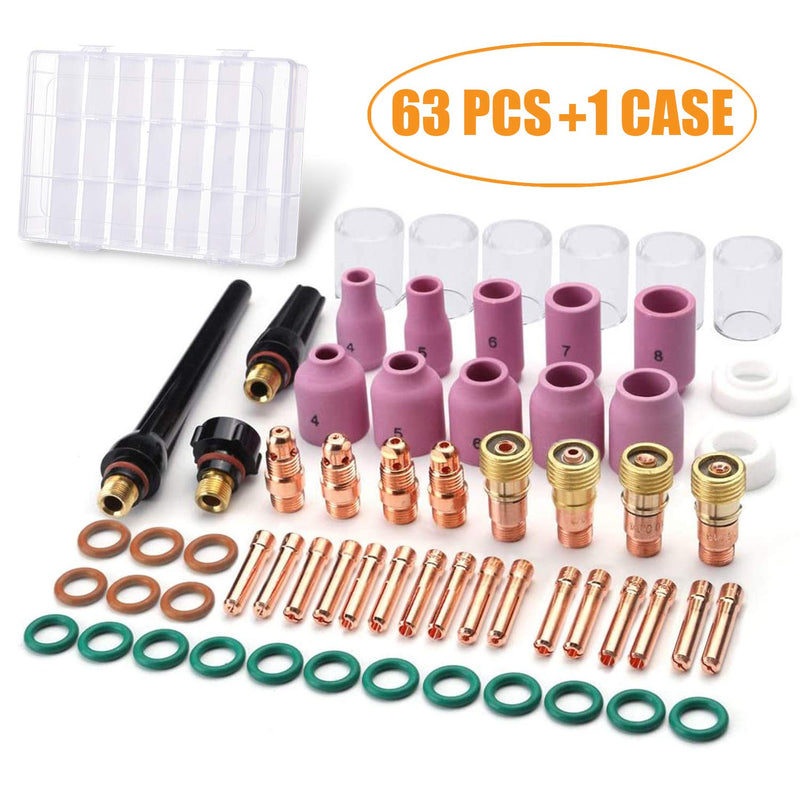 AIC WELD 63PCS TIG Welding Torch Accessories Kit Collets Body Glass Cup Alumina Nozzle Stubby Gas Lens #10 Pyrex Cup Kit for TIG WP-17/18/26 (63-PCS) 63-PCS - NewNest Australia