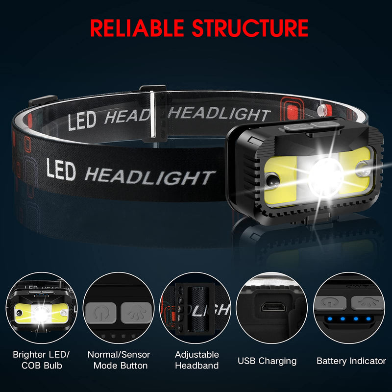 Headlamp Rechargeable, MIOISY 1200 Lumen Ultra Bright LED Head Lamp Flashlight with White Red Light, 2 Pack Motion Sensor Waterproof Headlight, 8 Modes Head Lights for Outdoor Camping Fishing Running - NewNest Australia