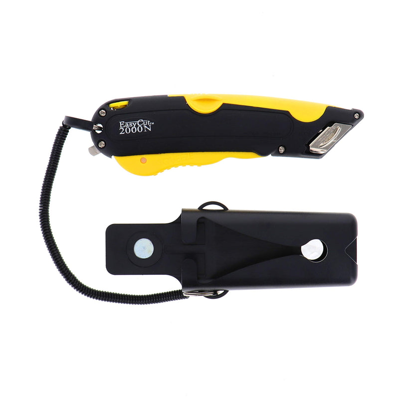 Modern Box Cutter, extra tape cutter at back, dual side edge guide, 3 blade depth setting, 2 blades and holster - Yellow Color 2000N - NewNest Australia