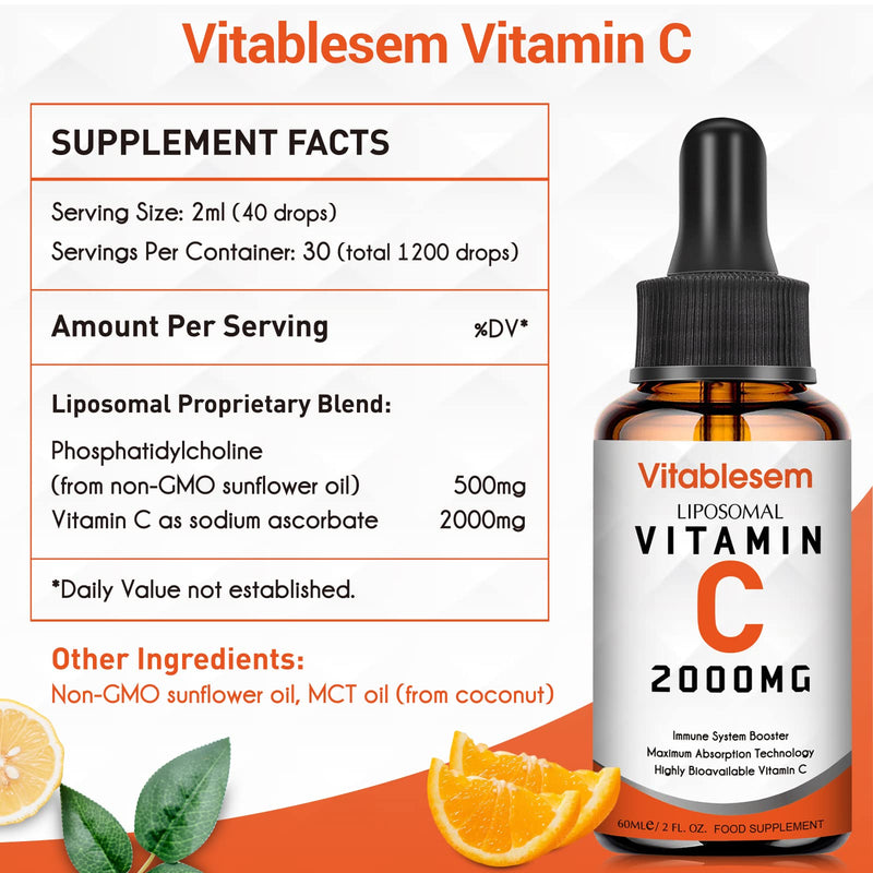 Liposomal Vitamin C Liquid 2000 mg, High Dose Ascorbic Acid, Maximum Absorption Vit C Drops, Vegan 60 ml (Pack of 1) - NewNest Australia