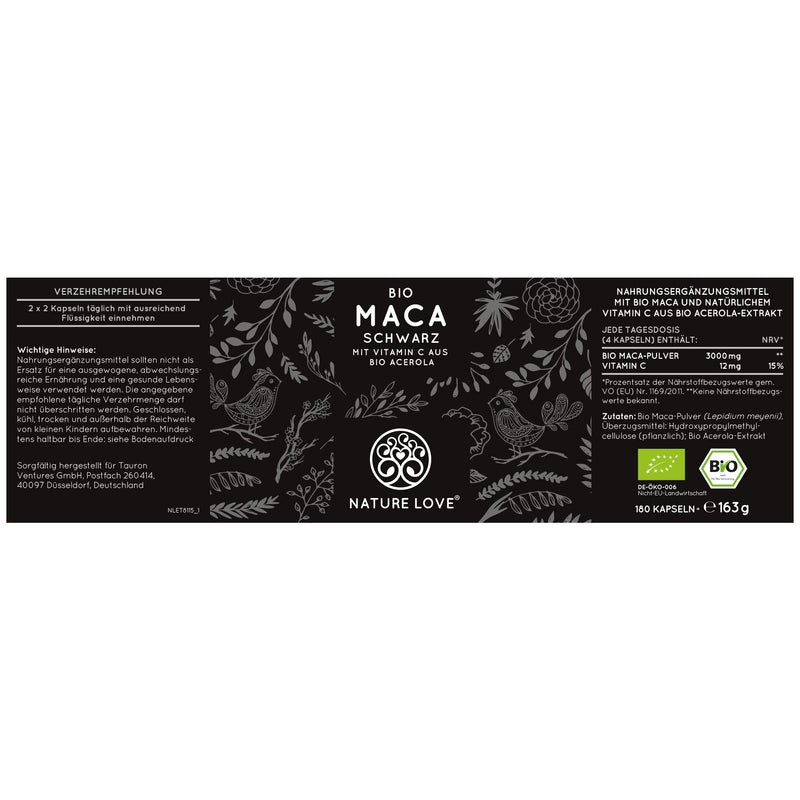 Nature Love® Organic Maca Capsules - 3000 mg Organic Black Maca per Daily Dose, 180 Capsules, with Natural Vitamin C, No Additives such as Magnesium Stearate, Certified Organic, High-Dosage, Vegan, Made in Germany - NewNest Australia