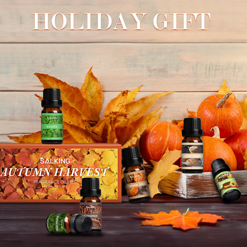 Salking Autumn Essential Oils Set, 6 X 10 Ml 100% Organic Aromatherapy Fragrance Oil Gift Set For Diffuser, Humidifier, Massage, Pumpkin Spice, Vanilla, Wild Pine, Cider, Cinnamon, Cinnamon Biscuits - NewNest Australia