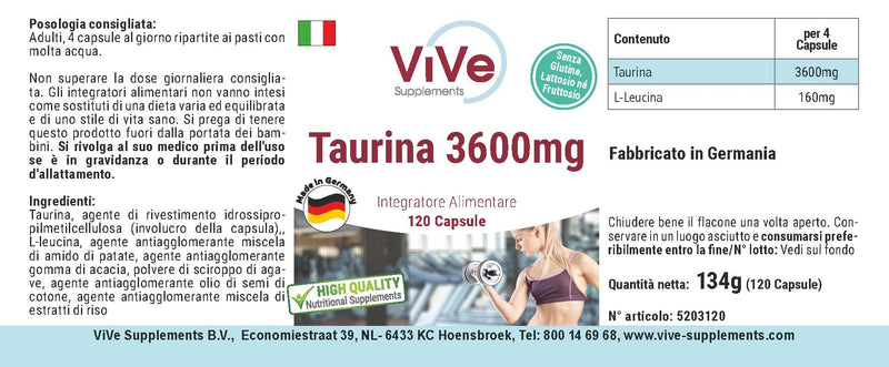 Taurine 3600mg daily consumption - 120 capsules - 900mg taurine per capsule - high dosage and vegan | Quality from Germany from ViVe Supplements - NewNest Australia