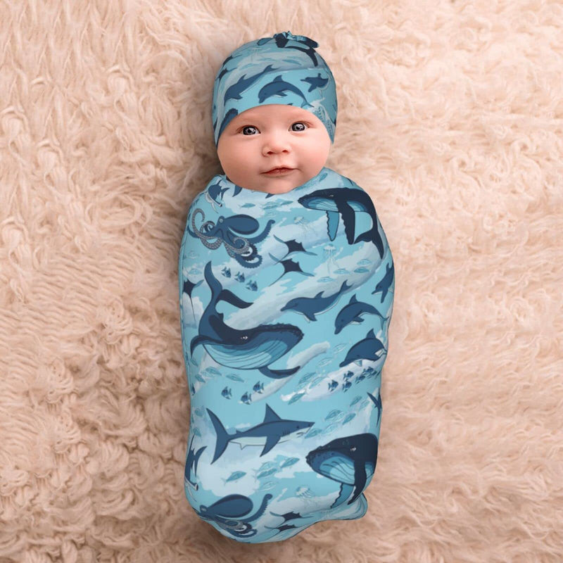 Sea Waves Dolphins Sharks Whale Octopus Newborn Swaddle Blankets Baby Wrap Baby Receiving Blanket Soft with Beanie Hat Sets Gifts for Infant Boy Girl Baby Shower Sea Waves Dolphins Sharks Whale Octopus One Size - NewNest Australia