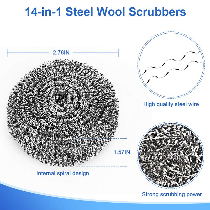 14Pack Upgraded Steel Wool Scrubbers by ovwo - Premium Stainless Steel Scrubber, Metal Scouring Pads, Steel Wool Pads, Kitchen Cleaner, Heavy Duty Cleaning Supplies - Especially for Tough Cleaning - NewNest Australia