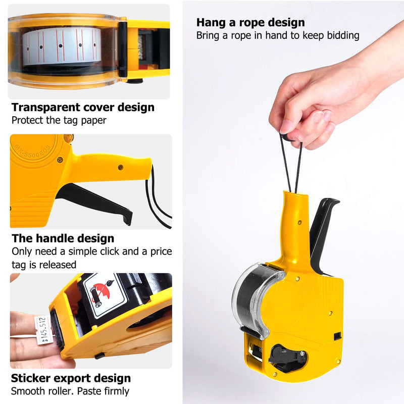 MX-5500 8 Digits Price Tag Gun with 5000 White Sticker Labels and 3 Extra Inker, Price Gun with Labels Kit, Label Maker Pricing Gun Kit, Numerical Tag Gun for Office, Grocery Store Marking (Yellow) Yellow - NewNest Australia
