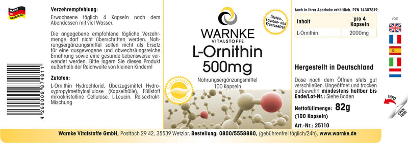 L-Ornithine capsules - 500mg L-Ornithine per capsule - high dosage & vegan - 100 capsules - amino acid | Warnke vital substances - NewNest Australia