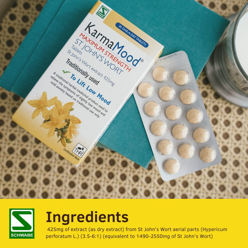Schwabe KarmaMood Maximum Strength - St John's Wort Extract 425mg - Traditionally Used for Low Mood and Mild Anxiety - Traditional Herbal Medicinal Product - 30 Tablets 30 Count (Pack of 1) - NewNest Australia