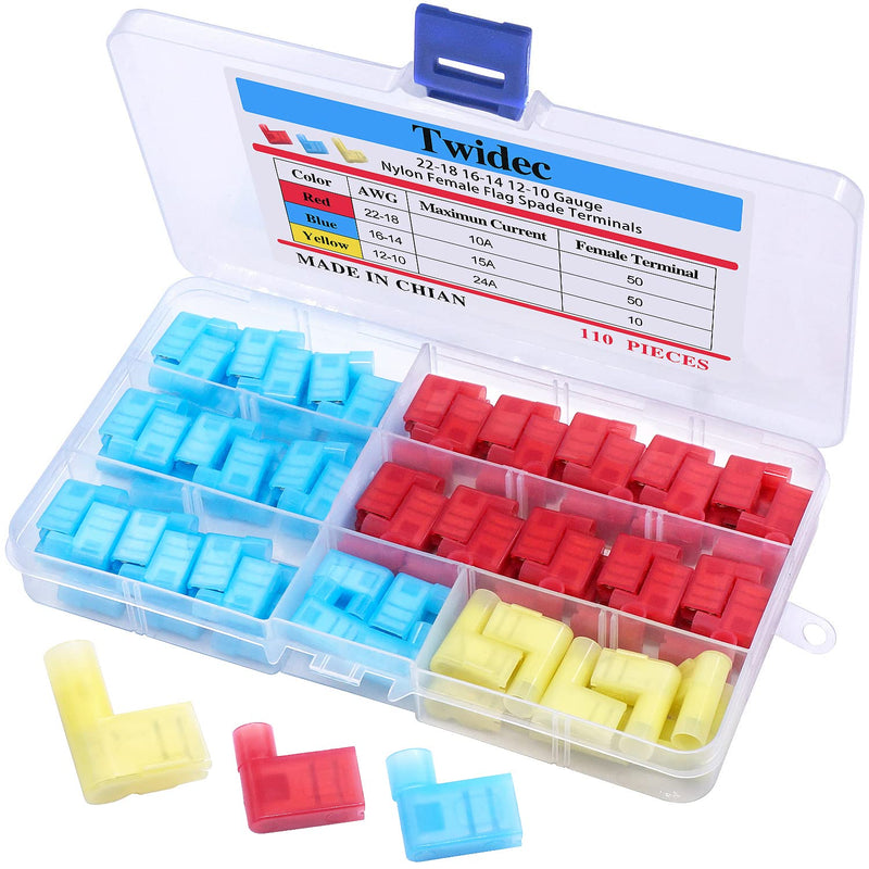 Twidec/110Pcs Nylon Flag Spade Female Insulated Terminals 22-18 18-14 12-10 Gauge Quick Disconnects Electrical Crimp Terminals Connector Assortment Kit for Electrical Wiring Car Audio Speaker N-006 - NewNest Australia