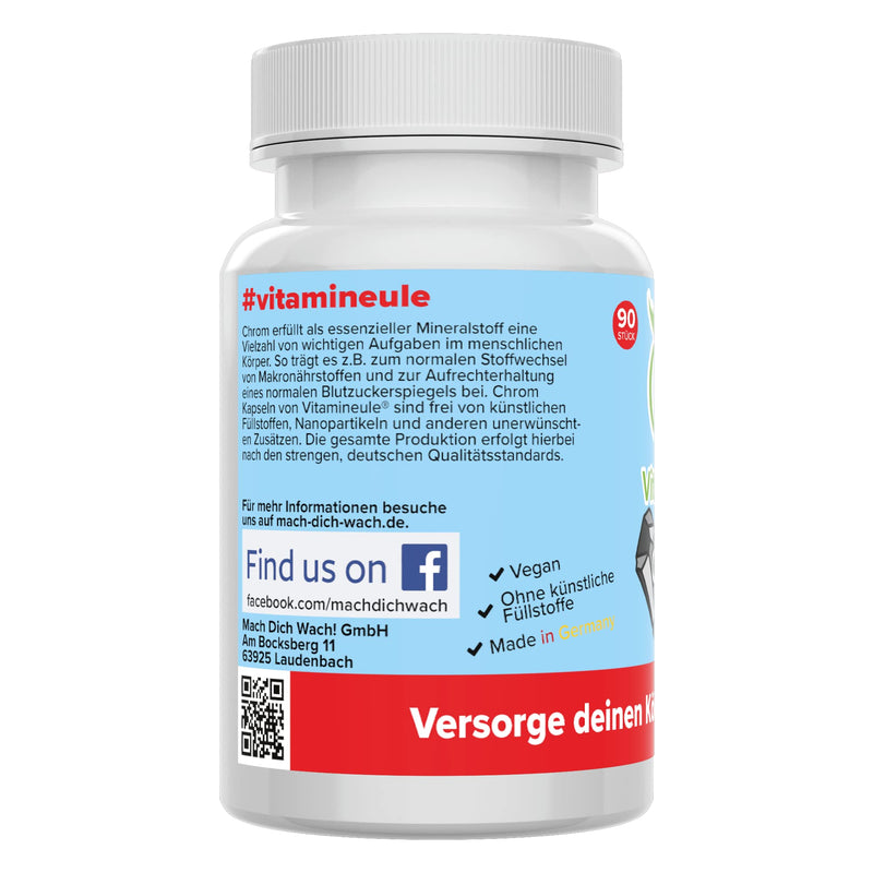 Chromium capsules - 500 µg - high dosage - quality from Germany - chromium picolinate without additives - vegan - laboratory tested - small capsules instead of tablets - blood sugar level & metabolism - Vitamineule® - NewNest Australia