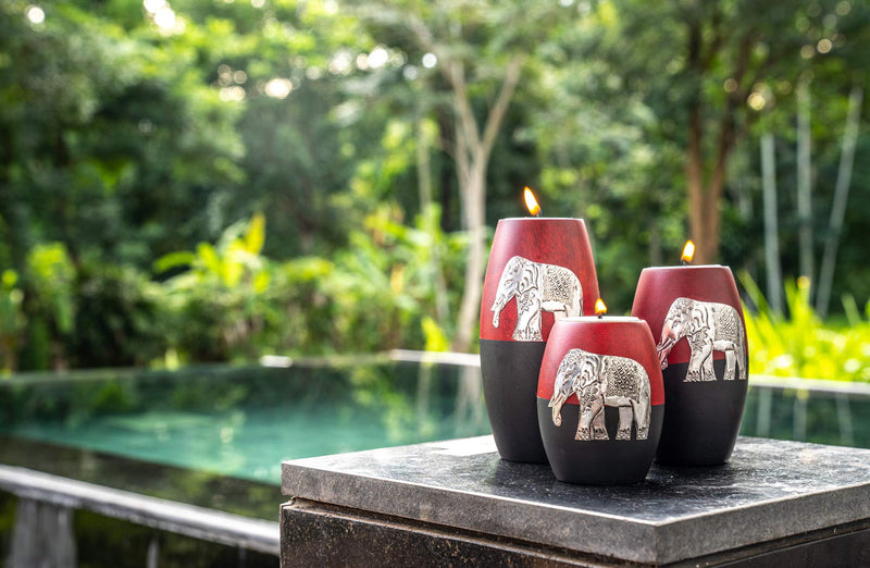 NewNest Australia - IYARA CRAFT 3 Wooden Candle Holders– Decorative Candle Holders with Inlaid Aluminium Antique Elephant – Intricate Details – Matte Wood Finish – Ideal for Modern & Rustic Settings (Rugby Shape) 