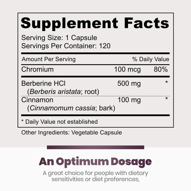 Premium Berberine HCl 500mg - 120 Capsules - Cardiovascular Gastrointestinal Immune Support - Chromium Cinnamon 120 Count (Pack of 1) - NewNest Australia